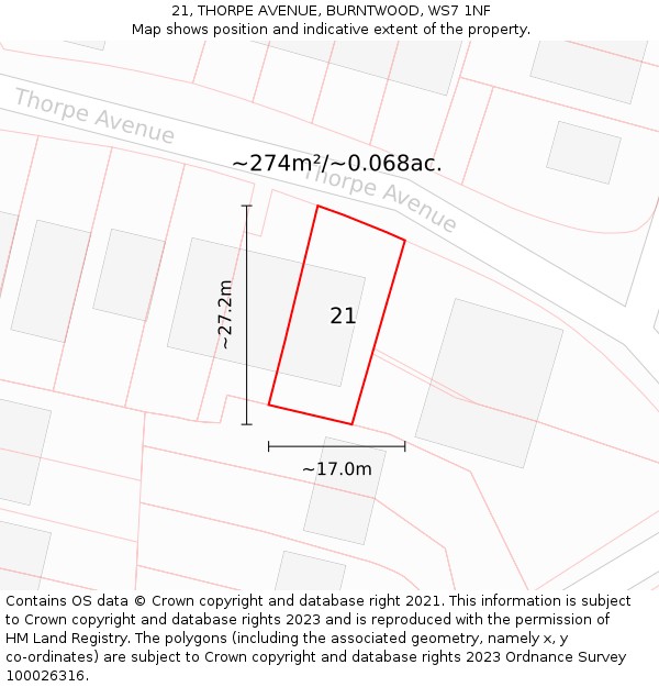 21, THORPE AVENUE, BURNTWOOD, WS7 1NF: Plot and title map