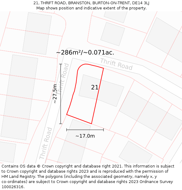 21, THRIFT ROAD, BRANSTON, BURTON-ON-TRENT, DE14 3LJ: Plot and title map