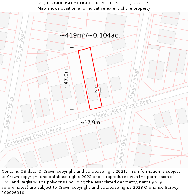 21, THUNDERSLEY CHURCH ROAD, BENFLEET, SS7 3ES: Plot and title map