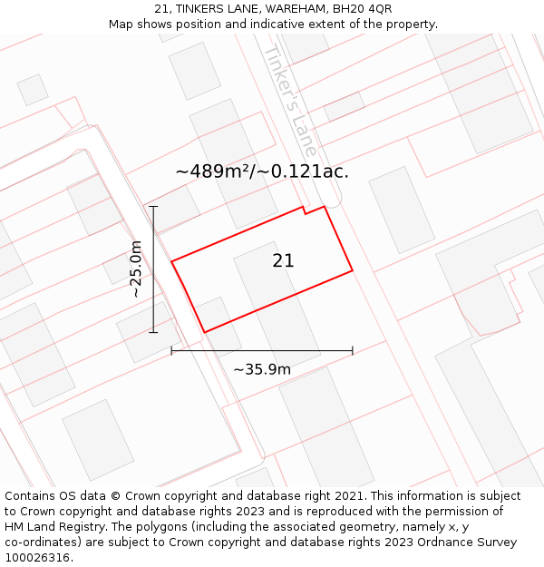 21, TINKERS LANE, WAREHAM, BH20 4QR: Plot and title map