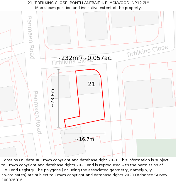 21, TIRFILKINS CLOSE, PONTLLANFRAITH, BLACKWOOD, NP12 2LY: Plot and title map