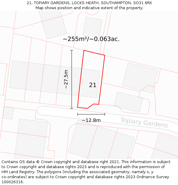21, TOPIARY GARDENS, LOCKS HEATH, SOUTHAMPTON, SO31 6RX: Plot and title map
