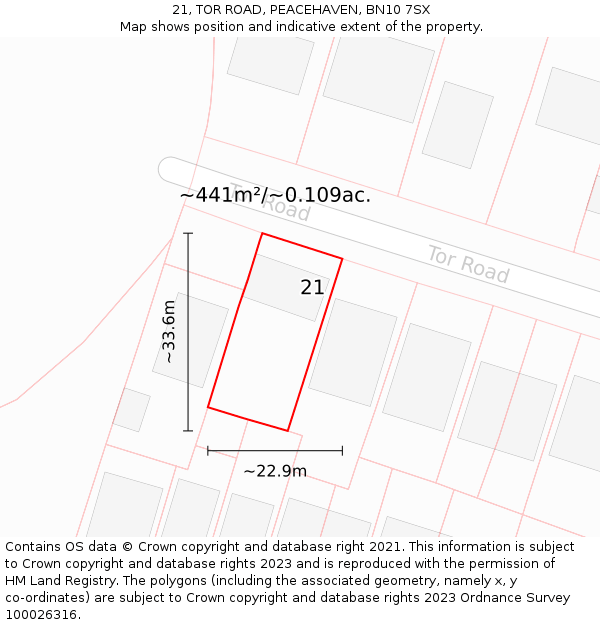 21, TOR ROAD, PEACEHAVEN, BN10 7SX: Plot and title map