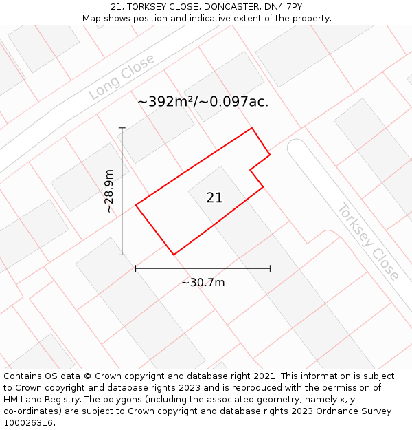 21, TORKSEY CLOSE, DONCASTER, DN4 7PY: Plot and title map