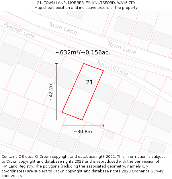 21, TOWN LANE, MOBBERLEY, KNUTSFORD, WA16 7PY: Plot and title map