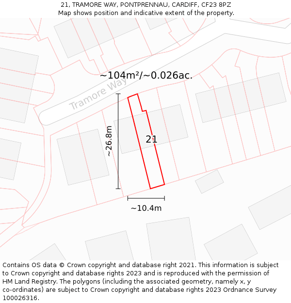 21, TRAMORE WAY, PONTPRENNAU, CARDIFF, CF23 8PZ: Plot and title map