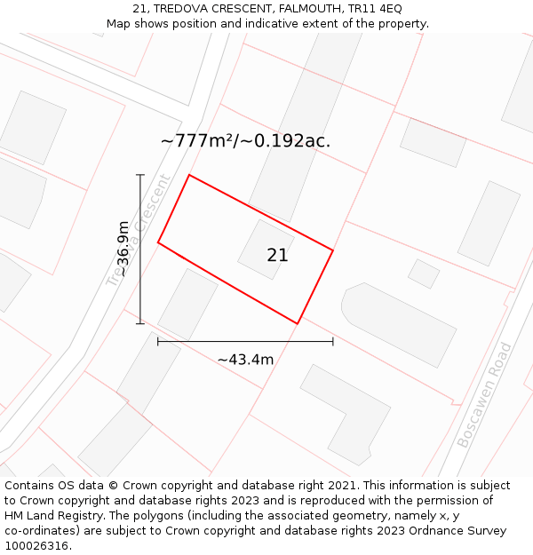 21, TREDOVA CRESCENT, FALMOUTH, TR11 4EQ: Plot and title map