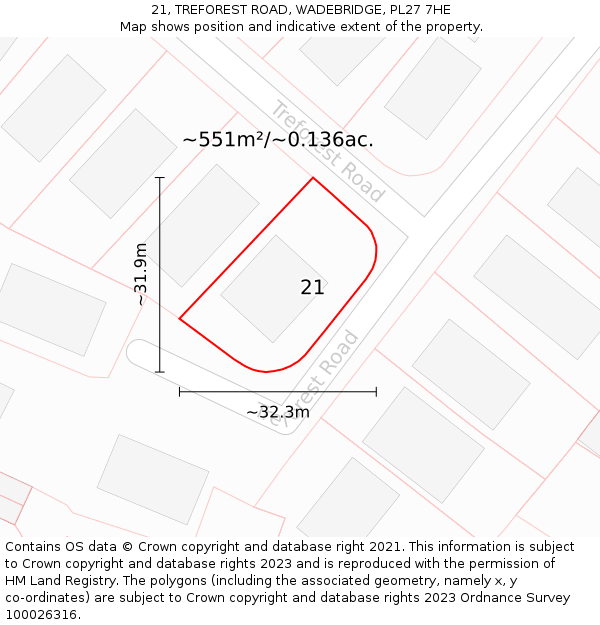 21, TREFOREST ROAD, WADEBRIDGE, PL27 7HE: Plot and title map