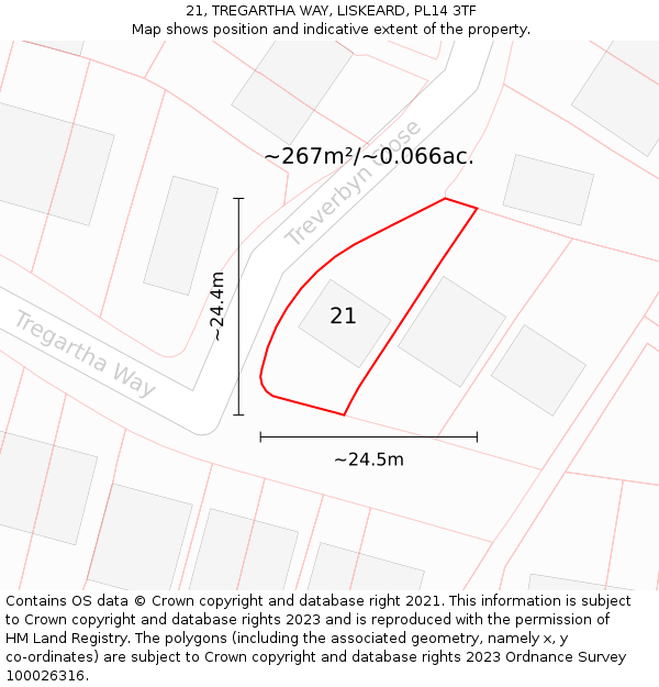 21, TREGARTHA WAY, LISKEARD, PL14 3TF: Plot and title map