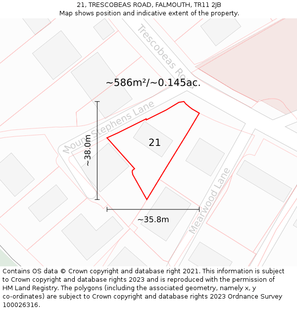 21, TRESCOBEAS ROAD, FALMOUTH, TR11 2JB: Plot and title map