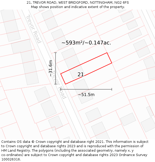 21, TREVOR ROAD, WEST BRIDGFORD, NOTTINGHAM, NG2 6FS: Plot and title map