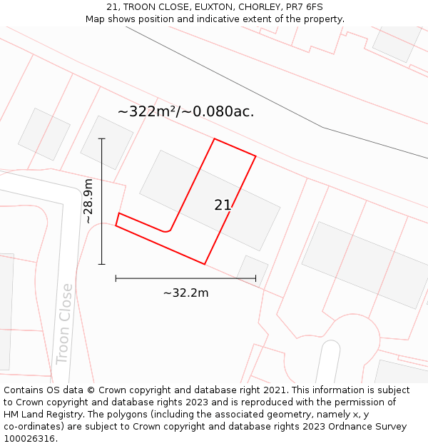 21, TROON CLOSE, EUXTON, CHORLEY, PR7 6FS: Plot and title map