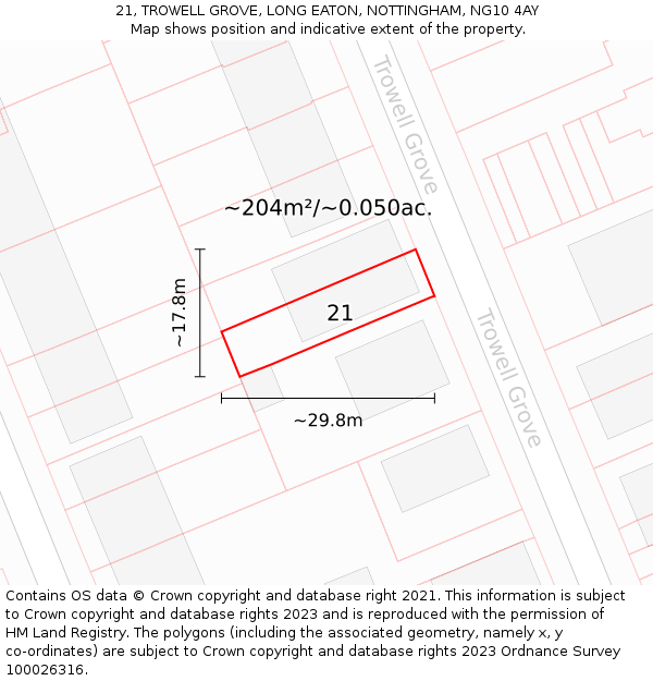 21, TROWELL GROVE, LONG EATON, NOTTINGHAM, NG10 4AY: Plot and title map