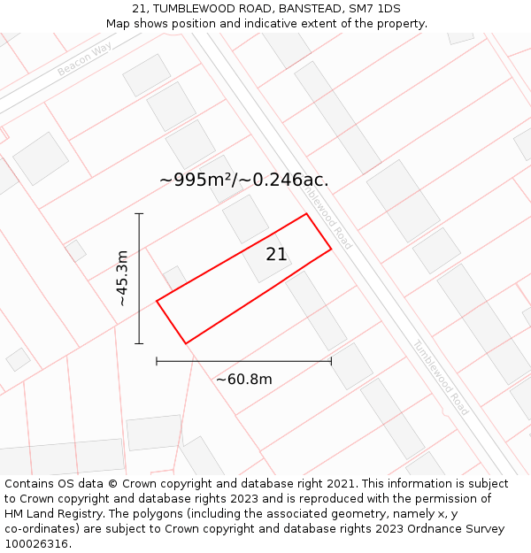 21, TUMBLEWOOD ROAD, BANSTEAD, SM7 1DS: Plot and title map