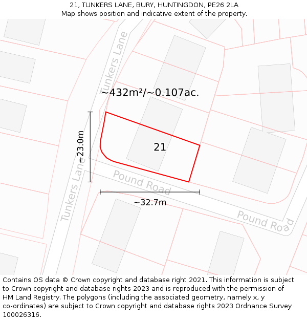 21, TUNKERS LANE, BURY, HUNTINGDON, PE26 2LA: Plot and title map