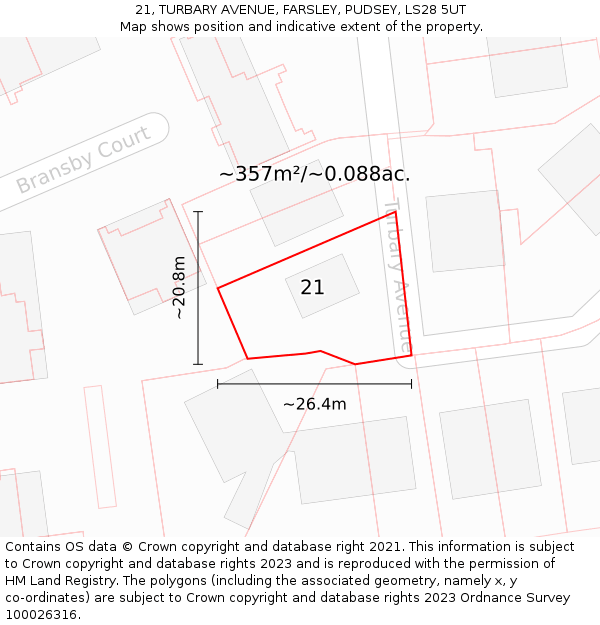 21, TURBARY AVENUE, FARSLEY, PUDSEY, LS28 5UT: Plot and title map