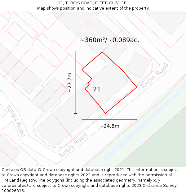 21, TURGIS ROAD, FLEET, GU51 1EL: Plot and title map