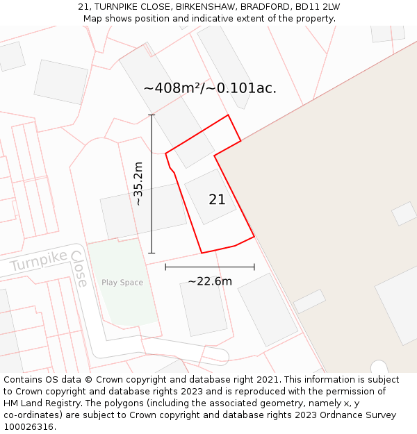 21, TURNPIKE CLOSE, BIRKENSHAW, BRADFORD, BD11 2LW: Plot and title map