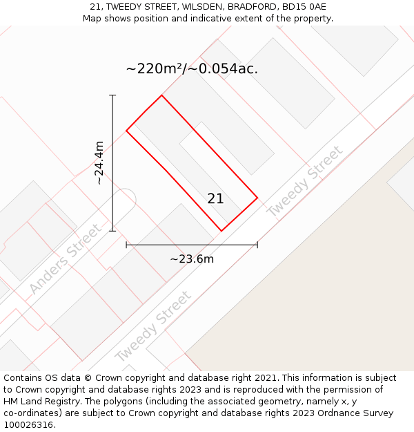 21, TWEEDY STREET, WILSDEN, BRADFORD, BD15 0AE: Plot and title map