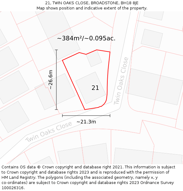 21, TWIN OAKS CLOSE, BROADSTONE, BH18 8JE: Plot and title map