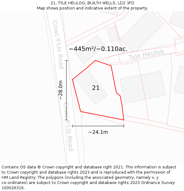 21, TYLE HEULOG, BUILTH WELLS, LD2 3FD: Plot and title map