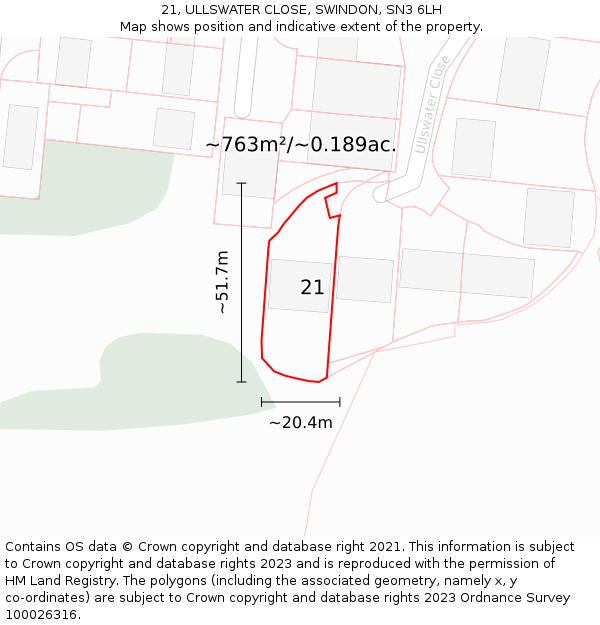 21, ULLSWATER CLOSE, SWINDON, SN3 6LH: Plot and title map