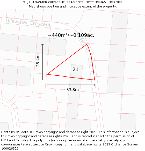 21, ULLSWATER CRESCENT, BRAMCOTE, NOTTINGHAM, NG9 3BE: Plot and title map