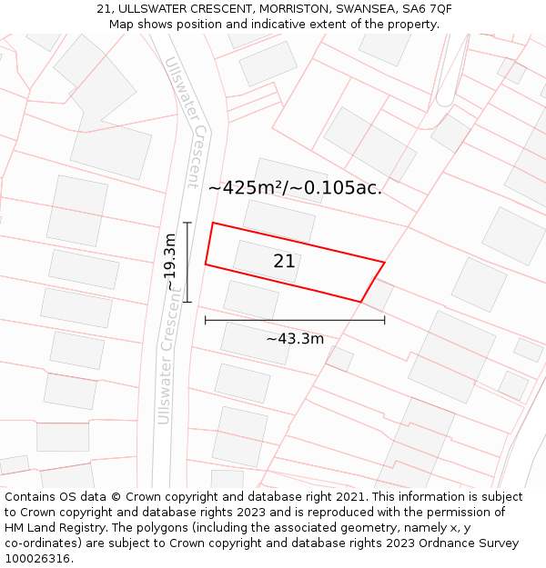 21, ULLSWATER CRESCENT, MORRISTON, SWANSEA, SA6 7QF: Plot and title map