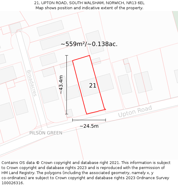 21, UPTON ROAD, SOUTH WALSHAM, NORWICH, NR13 6EL: Plot and title map