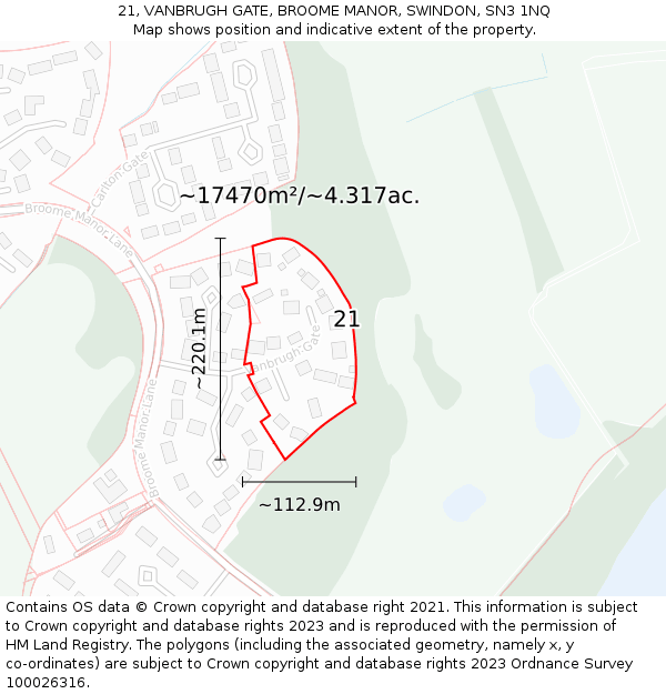 21, VANBRUGH GATE, BROOME MANOR, SWINDON, SN3 1NQ: Plot and title map