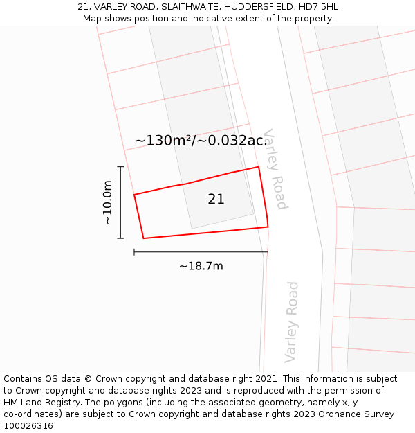 21, VARLEY ROAD, SLAITHWAITE, HUDDERSFIELD, HD7 5HL: Plot and title map