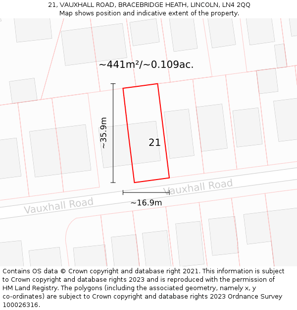 21, VAUXHALL ROAD, BRACEBRIDGE HEATH, LINCOLN, LN4 2QQ: Plot and title map