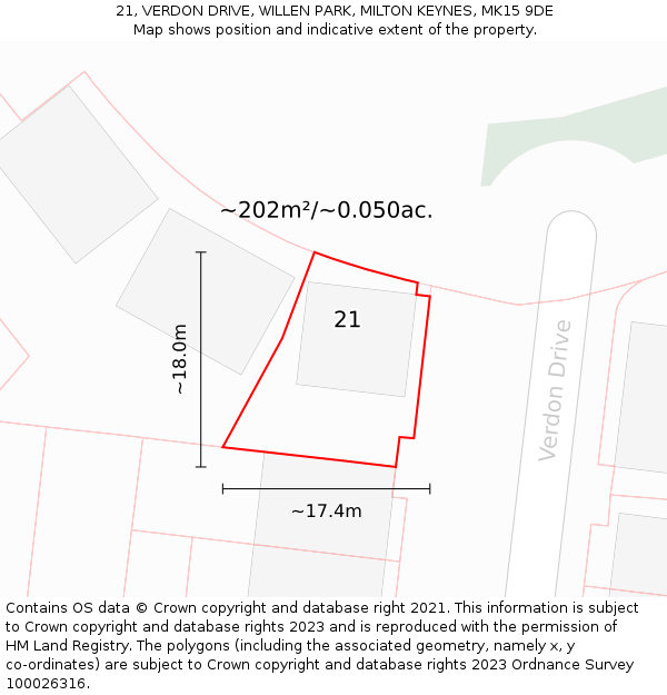 21, VERDON DRIVE, WILLEN PARK, MILTON KEYNES, MK15 9DE: Plot and title map