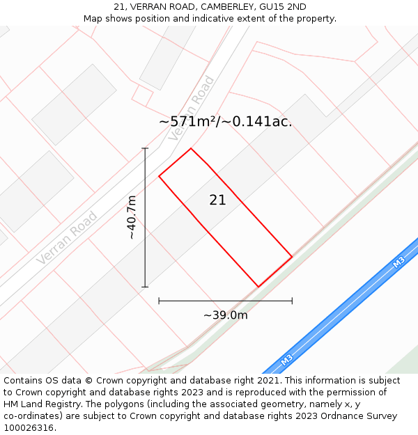 21, VERRAN ROAD, CAMBERLEY, GU15 2ND: Plot and title map