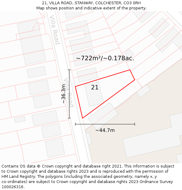 21, VILLA ROAD, STANWAY, COLCHESTER, CO3 0RH: Plot and title map