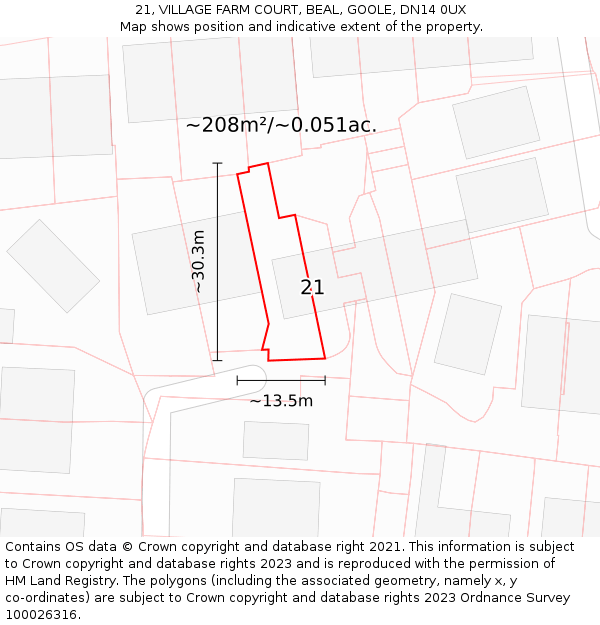 21, VILLAGE FARM COURT, BEAL, GOOLE, DN14 0UX: Plot and title map