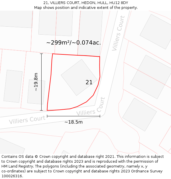 21, VILLIERS COURT, HEDON, HULL, HU12 8DY: Plot and title map