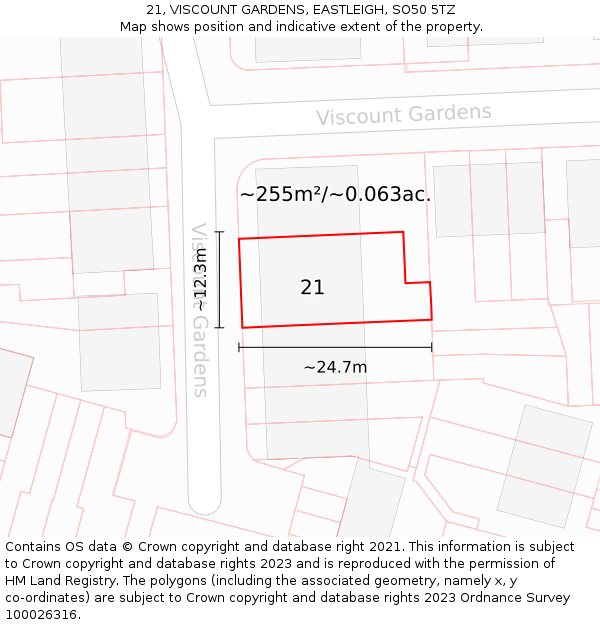 21, VISCOUNT GARDENS, EASTLEIGH, SO50 5TZ: Plot and title map