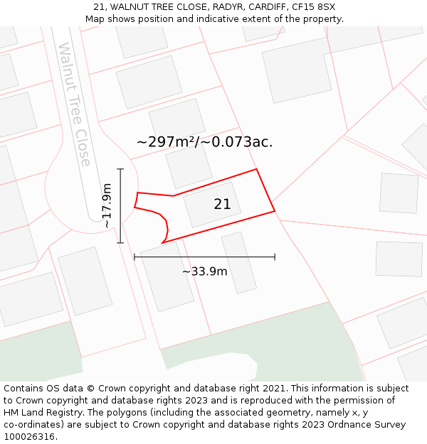 21, WALNUT TREE CLOSE, RADYR, CARDIFF, CF15 8SX: Plot and title map