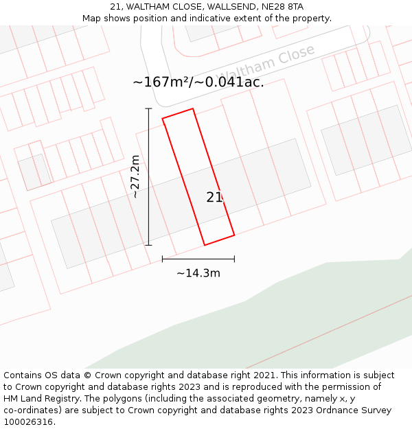 21, WALTHAM CLOSE, WALLSEND, NE28 8TA: Plot and title map