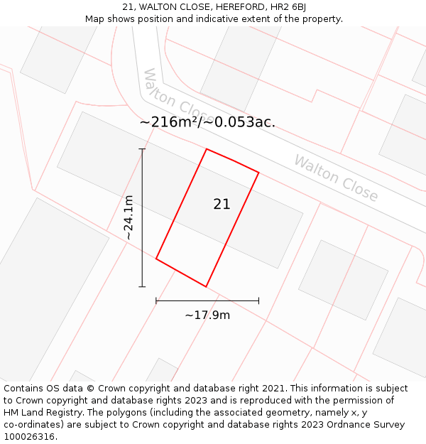 21, WALTON CLOSE, HEREFORD, HR2 6BJ: Plot and title map