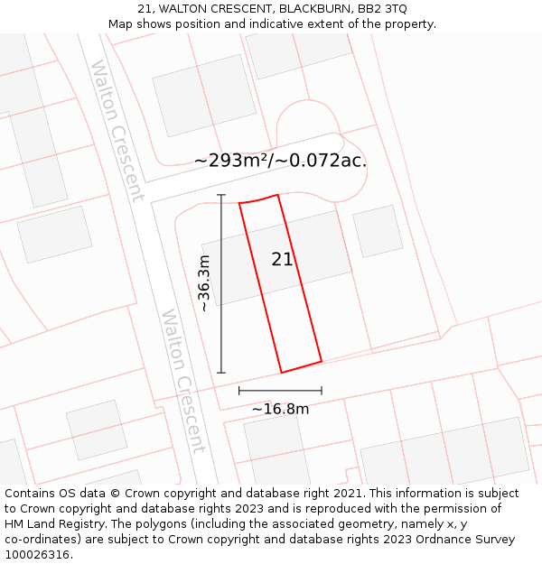 21, WALTON CRESCENT, BLACKBURN, BB2 3TQ: Plot and title map