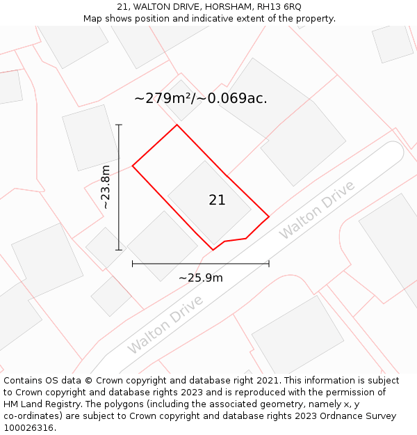 21, WALTON DRIVE, HORSHAM, RH13 6RQ: Plot and title map