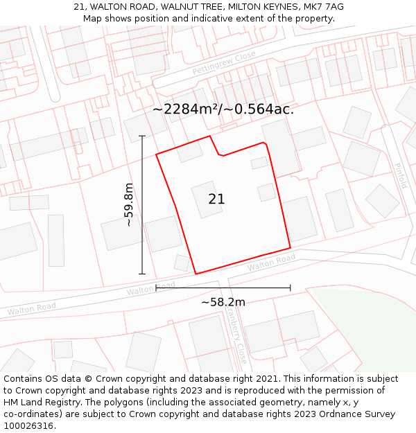 21, WALTON ROAD, WALNUT TREE, MILTON KEYNES, MK7 7AG: Plot and title map