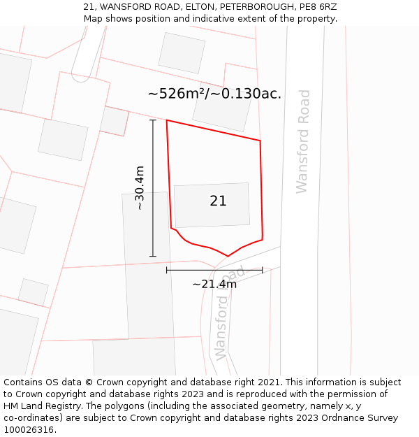 21, WANSFORD ROAD, ELTON, PETERBOROUGH, PE8 6RZ: Plot and title map