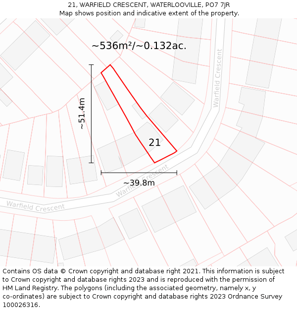 21, WARFIELD CRESCENT, WATERLOOVILLE, PO7 7JR: Plot and title map