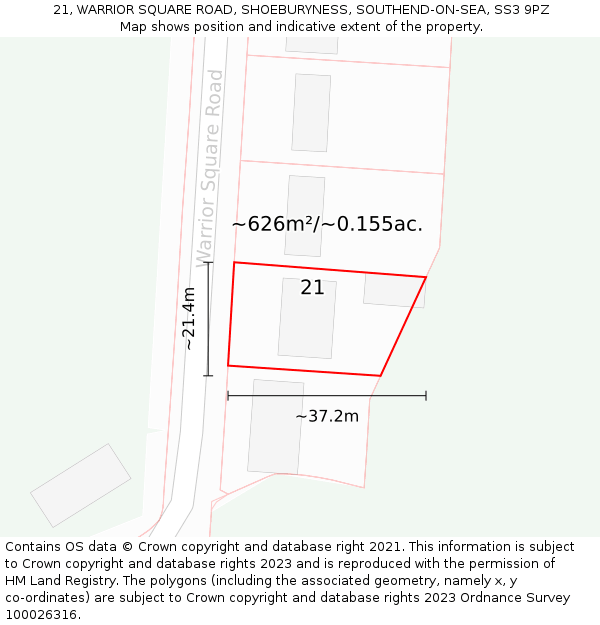 21, WARRIOR SQUARE ROAD, SHOEBURYNESS, SOUTHEND-ON-SEA, SS3 9PZ: Plot and title map