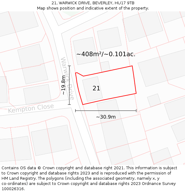 21, WARWICK DRIVE, BEVERLEY, HU17 9TB: Plot and title map