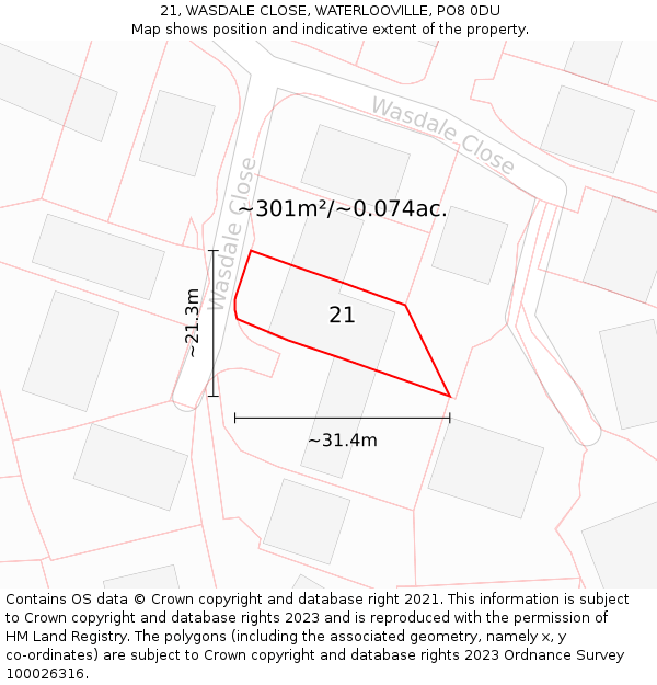 21, WASDALE CLOSE, WATERLOOVILLE, PO8 0DU: Plot and title map