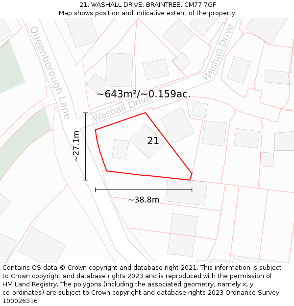 21, WASHALL DRIVE, BRAINTREE, CM77 7GF: Plot and title map